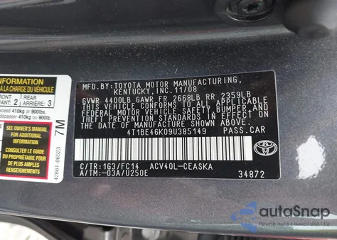 2009 Toyota Camry Se из США, поврежденный, VIN 4T1BE46K09U385149